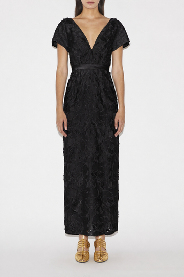 RUMI DRESS BLACK EMBROIDERED DOUCHESSE