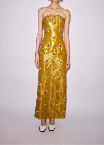LORENA DRESS GOLD EMBELLISHED METALLIC TAFFETA