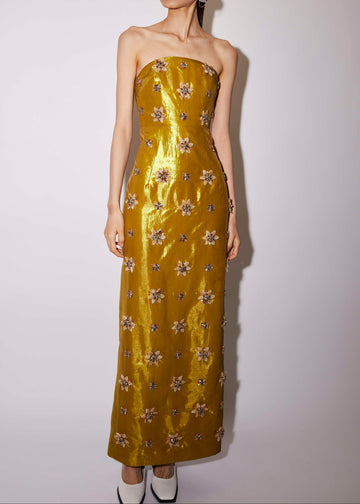 LORENA DRESS GOLD EMBELLISHED METALLIC TAFFETA