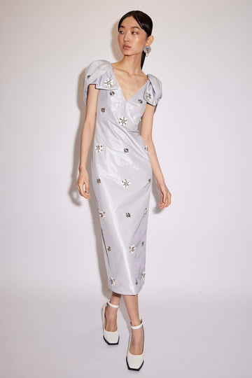 ROSELLA DRESS PALE BLUE EMBELLISHED METALLIC TAFFETA