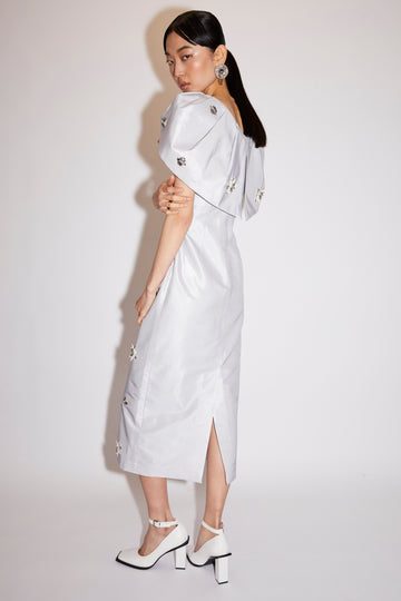 ROSELLA DRESS PALE BLUE EMBELLISHED METALLIC TAFFETA