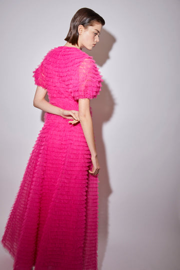 ODETTE GOWN CARMINE ROSE EMBROIDERED TULLE