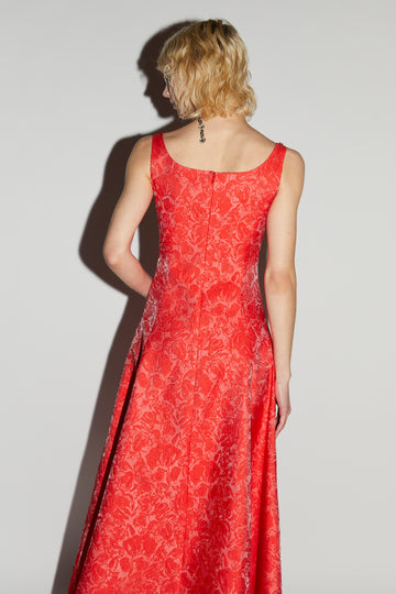KIMBERLY DRESS RED EMBROIDERED JACQUARD