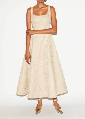 LILOU DRESS CAMEL EMBROIDERED COTTON GABARDINE
