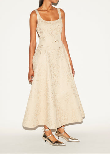 LILOU DRESS CAMEL EMBROIDERED COTTON GABARDINE