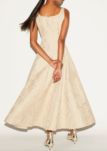 LILOU DRESS CAMEL EMBROIDERED COTTON GABARDINE