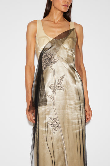 BLAKELY DRESS CHAMPAGNE SATIN AND EMBELLISHED TULLE