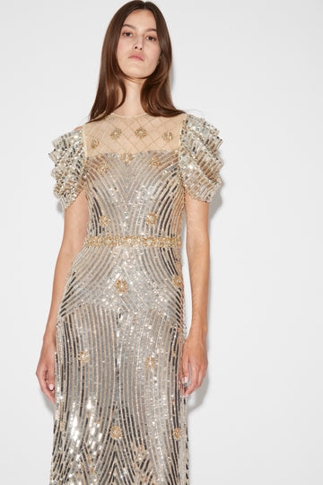 CLAUDETTE GOWN SILVER GOLD EMBELLISHED SEQUINS