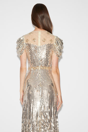 CLAUDETTE GOWN SILVER GOLD EMBELLISHED SEQUINS