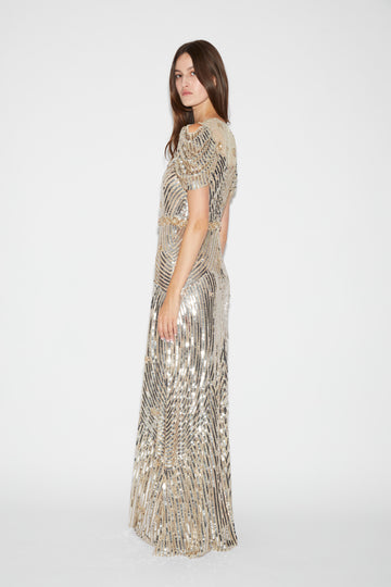 CLAUDETTE GOWN SILVER GOLD EMBELLISHED SEQUINS