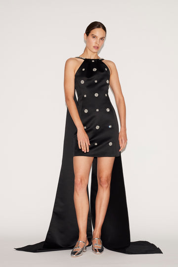 POLLY DRESS BLACK EMBROIDERED DUCHESSE