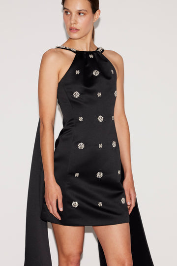 POLLY DRESS BLACK EMBROIDERED DUCHESSE