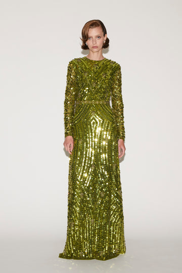 DELPHI GOWN CHARTERUSE EMBROIDERED SEQUINS