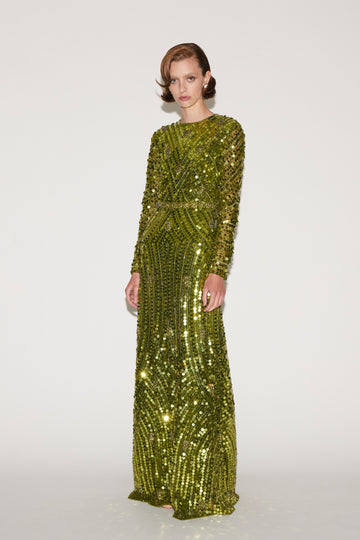 DELPHI GOWN CHARTERUSE EMBROIDERED SEQUINS