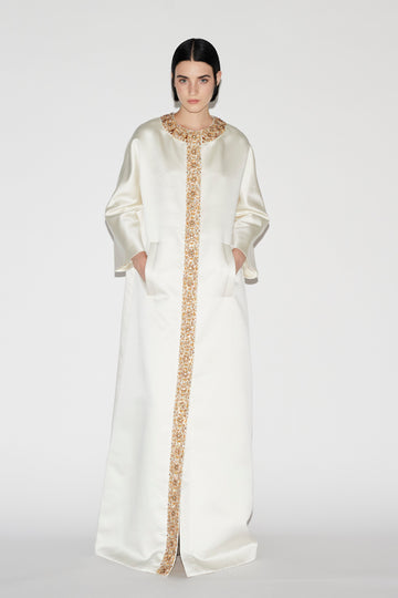 HALO COAT IVORY EMBROIDERED DUCHESSE