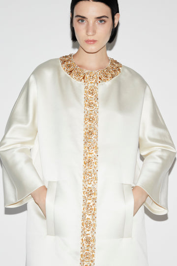 HALO COAT IVORY EMBROIDERED DUCHESSE