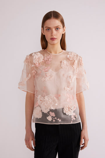 ASIA TOP PINK FLOWER EMBROIDERED ORGANZA *PRE-ORDER*