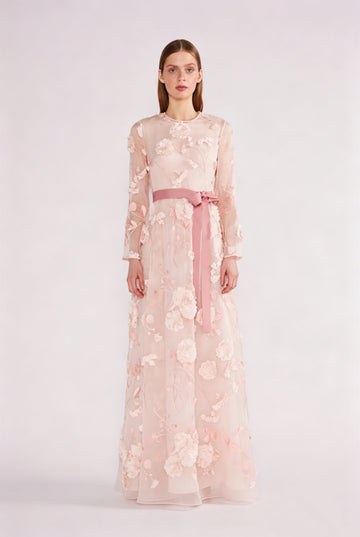 DELPHI GOWN PINK FLOWER EMBROIDERED ORGANZA *PRE-ORDER*