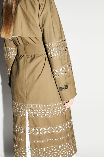MACK TRENCH COAT OLIVE GREEN EMBROIDERED COTTON GABERDINE