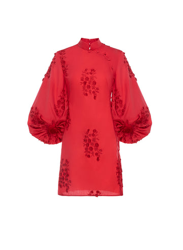 MING DRESS RED EMBROIDERED COTTON