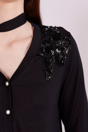 ELLIS V-NECK CARDIGAN BLACK SILK - PRE-ORDER