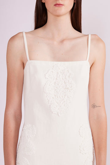 KASIA MIDI DRESS WHITE EMBROIDERED DENIM - PRE-ORDER
