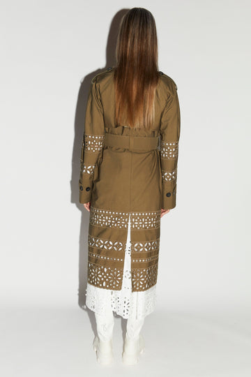 MACK TRENCH COAT OLIVE GREEN EMBROIDERED COTTON GABERDINE