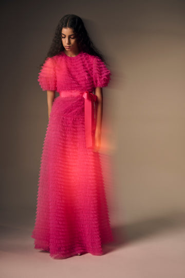 ODETTE GOWN CARMINE ROSE EMBROIDERED TULLE