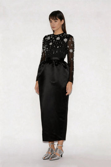 STARLA DRESS BLACK EMBELISHED DUCHESS SATIN