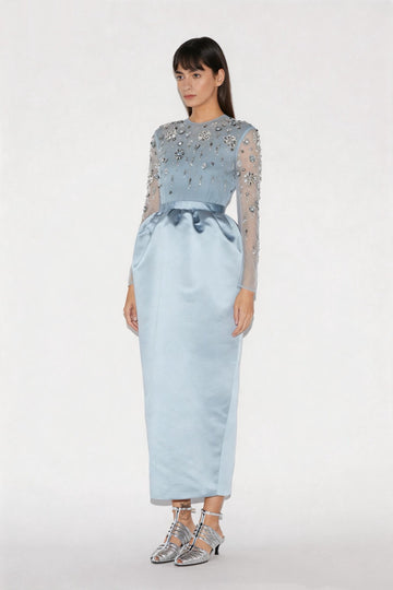 STARLA DRESS GREY BLUE EMBELISHED DUCHESS SATIN
