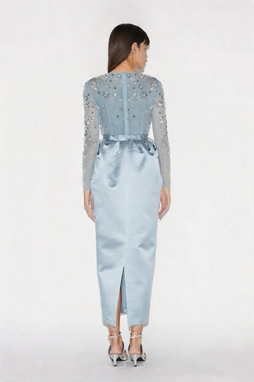 STARLA DRESS GREY BLUE EMBELISHED DUCHESS SATIN