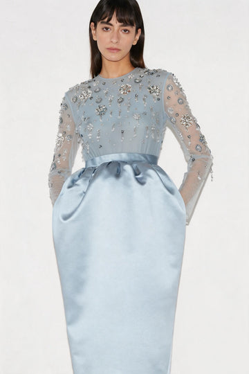 STARLA DRESS GREY BLUE EMBELISHED DUCHESS SATIN