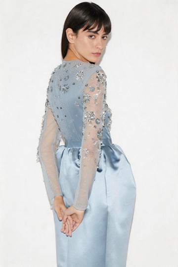 STARLA DRESS GREY BLUE EMBELISHED DUCHESS SATIN