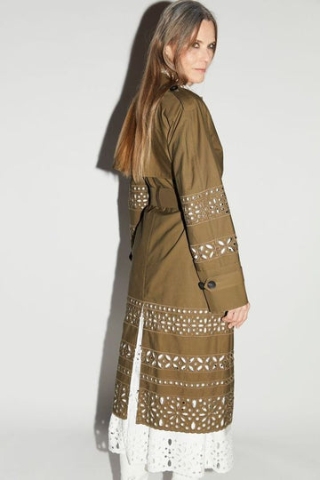 MACK TRENCH COAT OLIVE GREEN EMBROIDERED COTTON GABERDINE