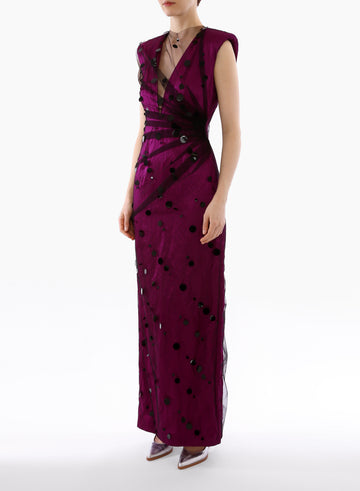 LEILANI GOWN MAGENTA BLACK EMBROIDERED TULLE