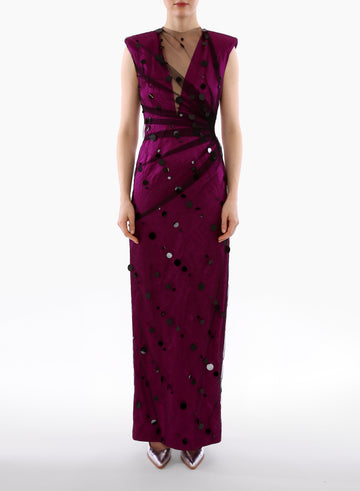 LEILANI GOWN MAGENTA BLACK EMBROIDERED TULLE