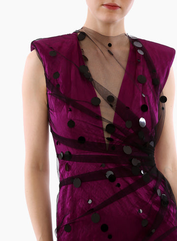 LEILANI GOWN MAGENTA BLACK EMBROIDERED TULLE