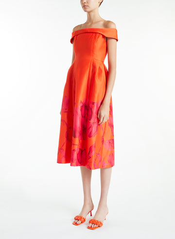 BEATRICE DRESS ORANGE/FUCHSIA PRINTED DOUCHESSE