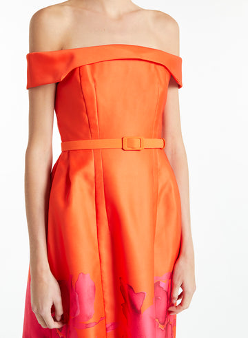 BEATRICE DRESS ORANGE/FUCHSIA PRINTED DOUCHESSE