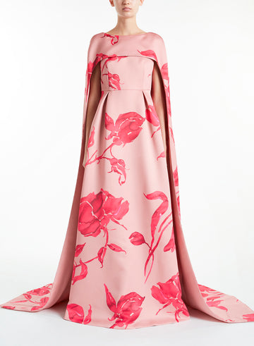 DREW GOWN PINK/FUCHSIA PRINTED DOUCHESSE