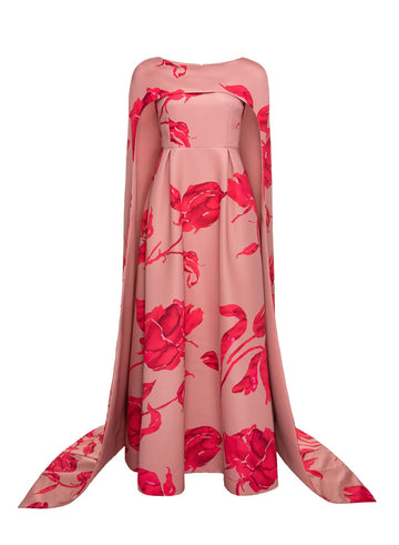 DREW GOWN PINK/FUCHSIA PRINTED DOUCHESSE