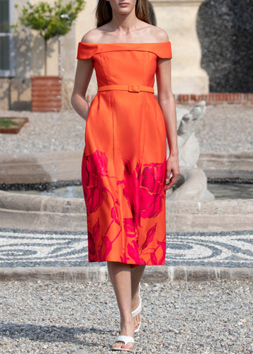 BEATRICE DRESS ORANGE/FUCHSIA PRINTED DOUCHESSE