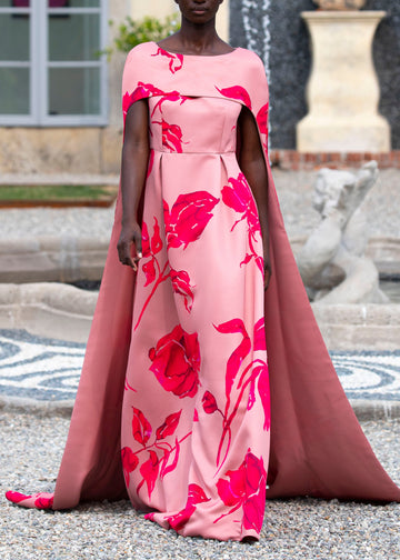 DREW GOWN PINK/FUCHSIA PRINTED DOUCHESSE