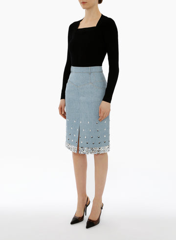 MARGARET SKIRT STONEWASH BLUE EMBELLISHED DENIM