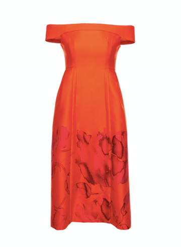 BEATRICE DRESS ORANGE/FUCHSIA PRINTED DOUCHESSE
